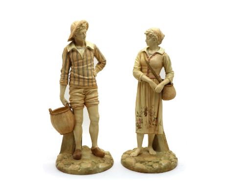 A pair of large Royal Worcester Hadley figures,of a French fisher girl and boy, Rd no. 6780, model 1202, with moulded signatu