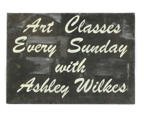 A painted sign from the Lovejoy television series, 'Art Classes Every Sunday with Ashley Wilkes' as seen in episode 16 tilted