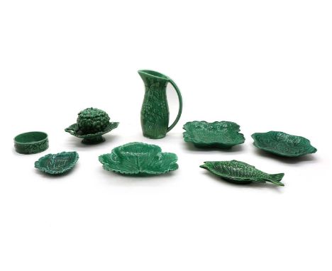 A collection of Majolica pottery items, predominantly Victorian, the majority with leaf moulded decoration, comprising six le
