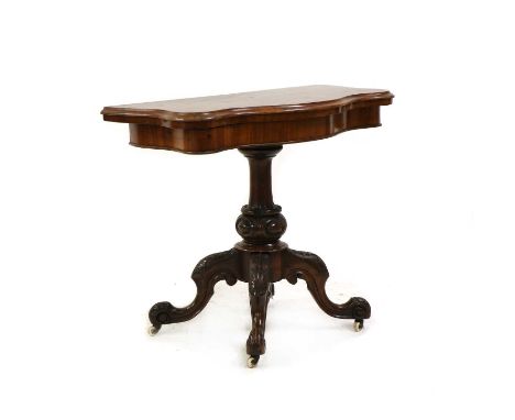 A Victorian burr walnut serpentine foldover card table,the moulded edge and hinged leaf enclosing a baize lined interior, on 