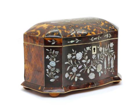 A Victorian tortoiseshell tea caddy,19th century, of serpentine fronted form, the exterior with floral mother of pearl piqué 