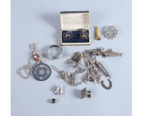 A selection of silver and white metal jewellery, including three pairs of cufflinks, an enamelled pendant on chain, earrings,