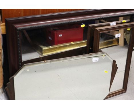 A mahogany framed wall mirror, plate 89" x 19", an Art Deco frameless wall mirror, one other framed wall mirror, a fire scree