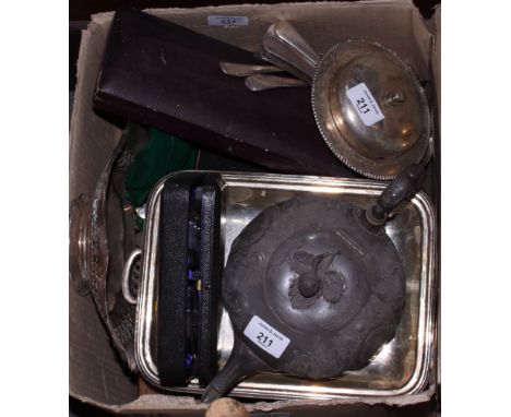 A selection of silver plate, including a cased pair of salts and spoons, plated flatware, an EPBM teapot, etc 
