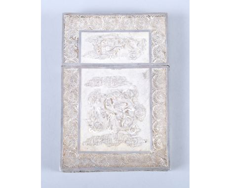 A late 19th century / early 20th century Chinese silver filigree card case, with applied flying dragon decoration, 3 3/4" x 2