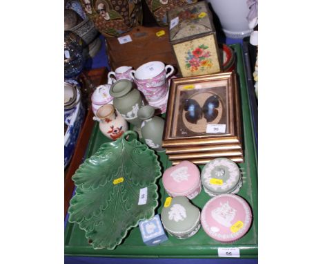 A Royal Worcester "Bordeaux" pattern part teaset, seven pieces of Wedgwood jasperware, four cased butterflies, two tins, an o