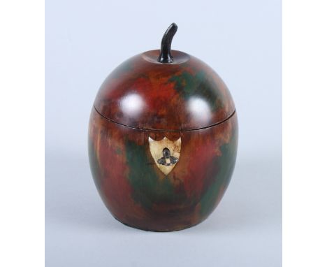 A hardwood tea caddy, in the form of an apple, 6" high 