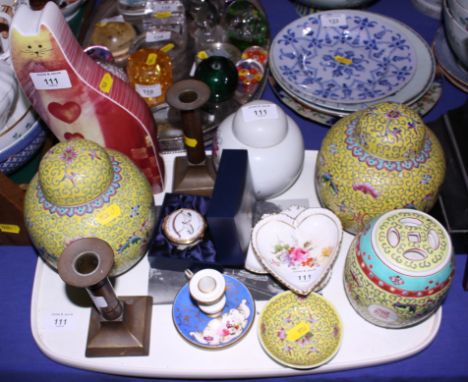Two famille jaune ginger jars and covers, a Royal Worcester trinket box, two Derby Posies dishes and other assorted decorativ