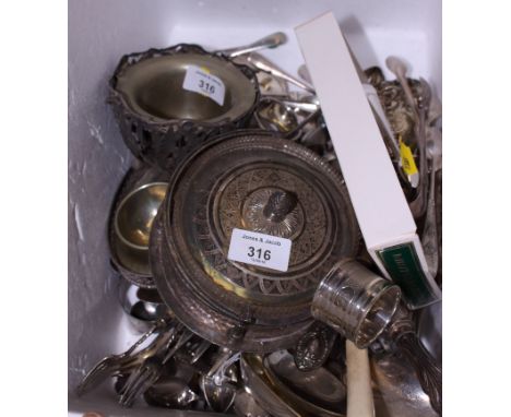 A collection of silver plated flatware, butter dish, etc 