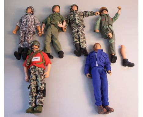 Six Action Man figures, three with flock hair, in military uniforms 