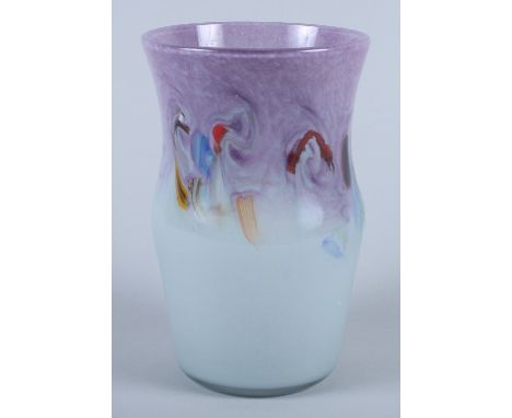 A Monart studio glass vase, in tones of blue and purple with abstract pattern, 8" high 