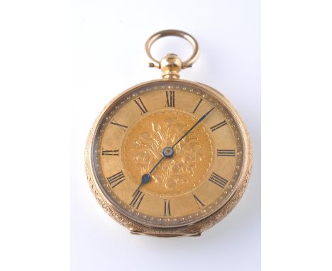 An 18ct gold open faced key wind pocket watch heavily detailied in repousse works. Monogram cartouche to centre verso, Engine