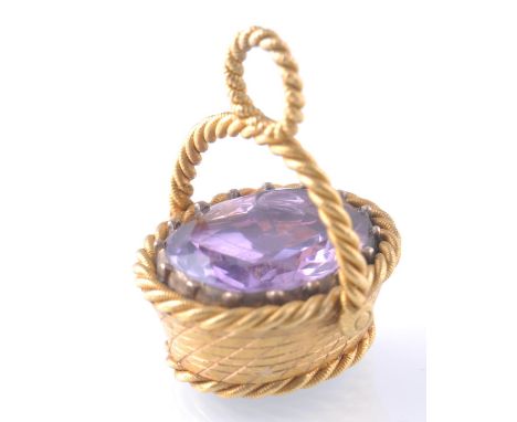 A 19th century gold amethyst fob hair locket in the form of a weave basket. The basket with rope twist handle over facet oval
