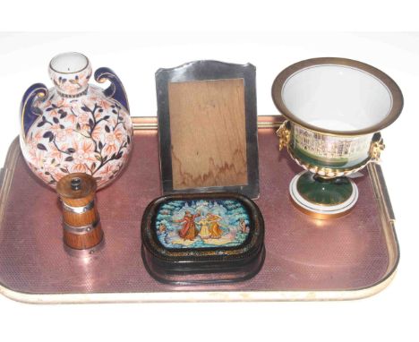 Royal Worcester York Minster 1988 vase, Derby vase, silver frame, silver mounted pepperette and Russian box (5)