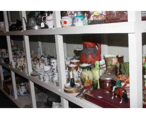 Full shelf of china including teaware, figurines, vases, swan planters, commemorative wares, etc