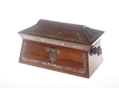 19th Century mother of pearl inlaid rosewood tea caddy with turned wood handles and well fitted interior