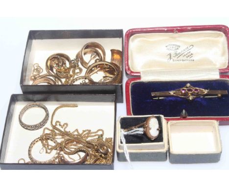 Boxed Amethyst and seed pearl bar brooch, together with two small boxes of earrings, rings and chains, and boxed cameo ring
