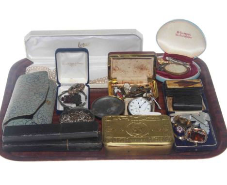 Tray lot with silver pocket watch, Princess Mary box, jewellery, old spectacles, snuff boxes, etc