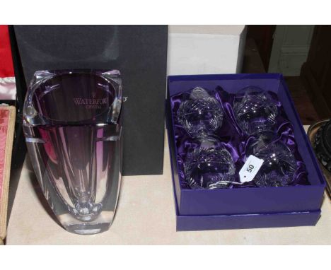 Waterford Metra amethyst 10 inch vase with box and four Edinburgh brandy glasses, boxed