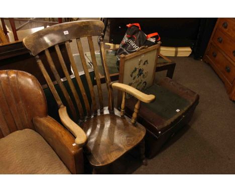 Victorian farmhouse style rocking chair, folding bridge table, tin trunk and needlework firescreen (4)