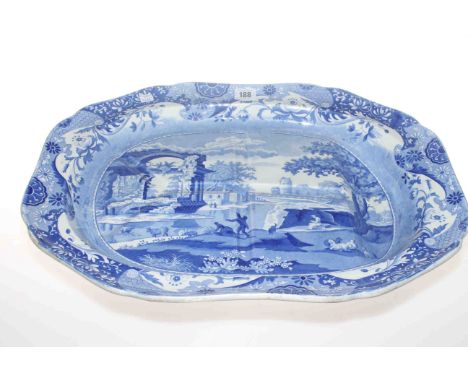 Large Victorian Spode blue and white printed turkey plate, decorated with architectural and landscape decoration