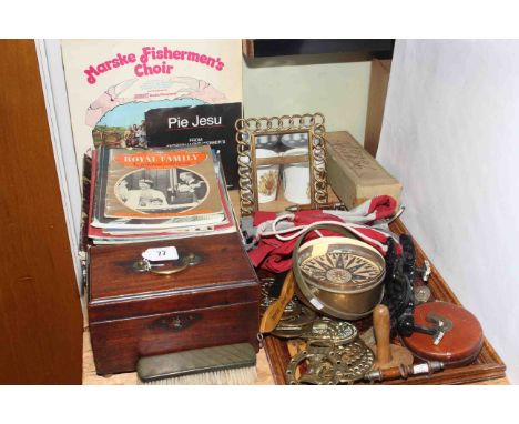 Collectables including Georgian caddy, horse brasses, Royal publications, brass photograph frame, LP's, etc