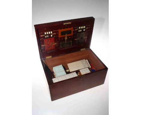 Mahogany games box with fitted lid and contents including cribbage board