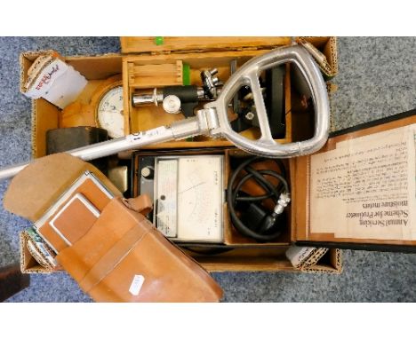 A shooting stick, together with a box of miscellaneous including polaroid camera, cased microscope, protimeter etc