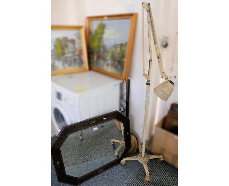 An octagonal oak framed bevel-edged wall mirror, together with an early angle-poised lamp on wheeled stand, warming pan (3)