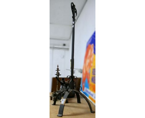Miscellaneous metalware, includes a set of scales, weights, candelabra, saucepans, wrought iron stand