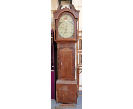A Victorian mahogany longcase clock, the 30 hour movement striking on a bell, 14" painted arch dial and the subsidiary second