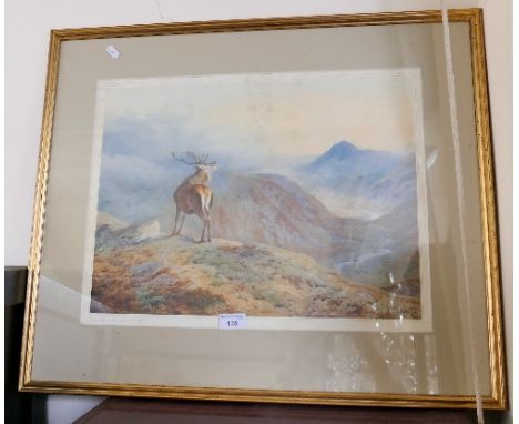 A coloured print of a stag on hilltop 