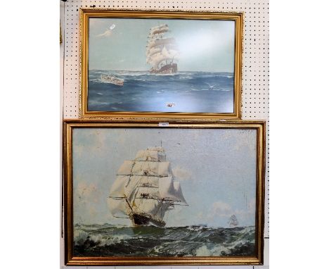 A gilt framed print of sailing ships, signed Stobart? together with another gilt framed picture of sailing ship and rowing bo