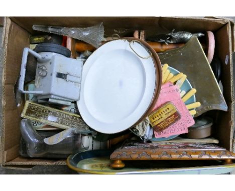 A box of miscellaneous, including a barometer, copperware, cutlery, candlesticks etc
