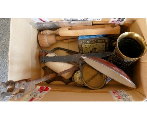 A box of miscellaneous, includes cheese carrier, ornate vase, scales etc