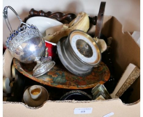 A box of miscellaneous, includes barometer, wooden and brass candlesticks, fans, scent bottle etc