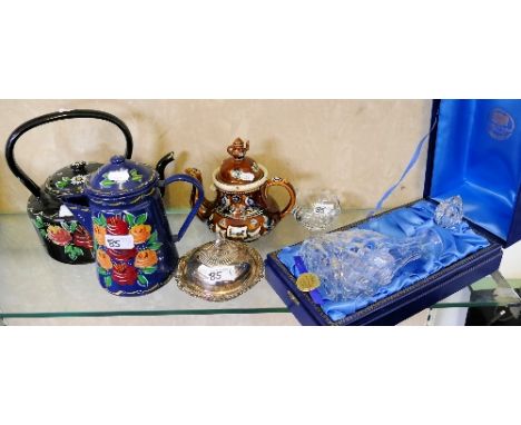 Miscellaneous items, including hand-painted coffee/teapot Cannel ware, Thomas Webb crystal decanter etc (6)