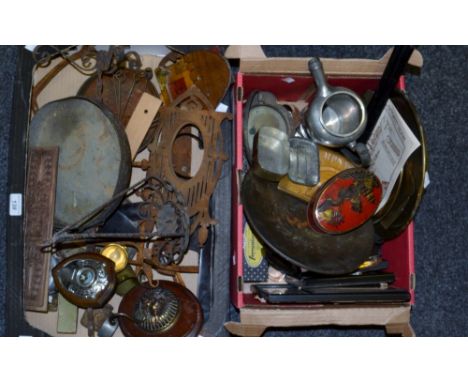 Boxes and Objects - Art Nouveau style wooden door plates ; brass gong; butterfly picture; tins; silver plated ware; etc (2 bo