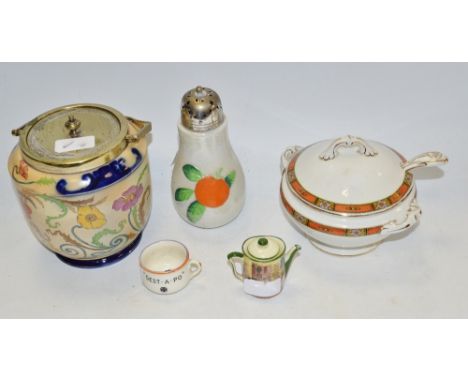 Ceramics - a Carltonware biscuit barrel; a Carltonware sugar sifter; a Doulton series ware miniature coffee pot; Fieldings mi