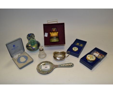 A Villeroy and Boch bonboniere in the form of a Christmas pudding; two Halcyon Days enamel trinket boxes; Isle of White glass