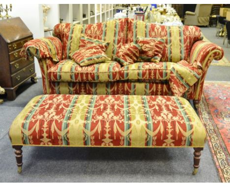 A late 20th century  three seater sofa,  upholstered in a classical pattern striped ground, picked out in gold 215cm wide x 8