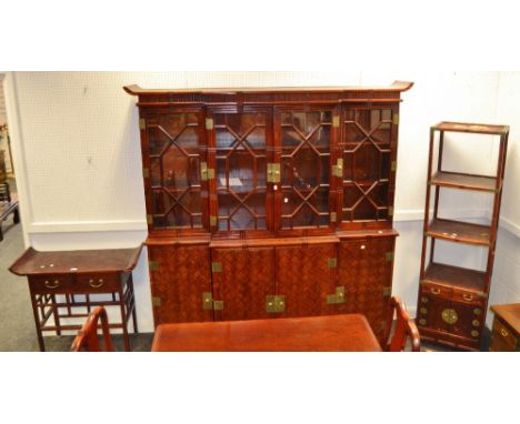 An oriental cross hatch  bamboo veneered dresser, upswept cornice, glazed top,  four doors, plinth base; an accompanying side