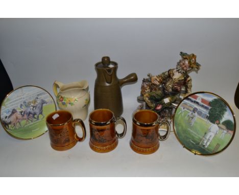 Ceramics - ribbon plates; Old Foley Tram mugs; collectors plates; Capo-di-Monte figure; 1950's shot glasses; etc