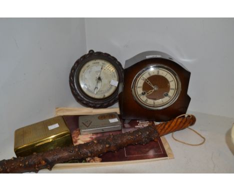 A mantel clock, c.1930;  an oak barometer;  a shillelagh;  a brass box;  a Kersfees Christmas 1941 tin;   etc 