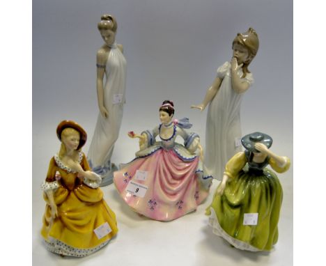 Decorative Figures - a Royal Doulton figure Sandra HN2275; Rebecca HN2809; Buttercup HN2308; a Nao figure Elegance; another, 