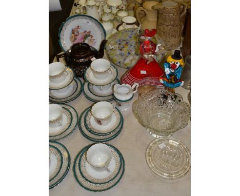 Household Goods - a marbled glass light shade c 1930s; a Jackfield type teapot; commemorative glass bowl and teapot stand; a 