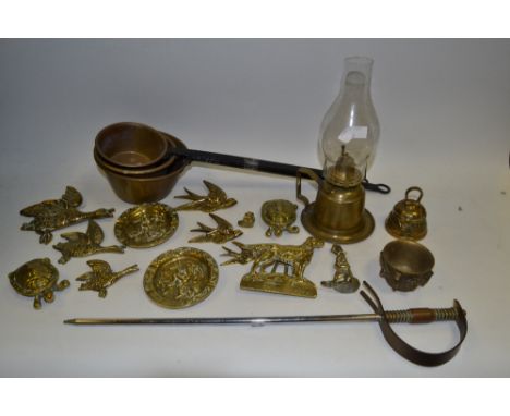 Brassware - a trio of graduating mallards in flight, three graduating swallows, a brass oil lantern with glass chimney, two s