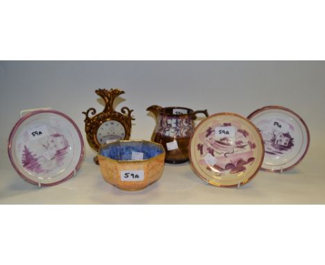 Ceramics - a Wedgwood Fairyland lustre bowl; copper lustre jug; Sunderland lustre saucers; etc