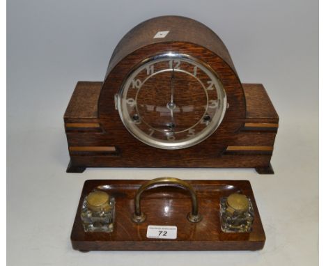 An oak mantel clock, Arabic numerals;  an oak two well standish (2)