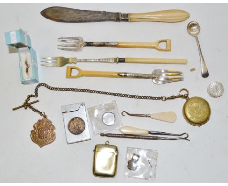 Ephemera - a gold coloured metal fob case; lighter with inset shilling; vesta case; fish knives; etc